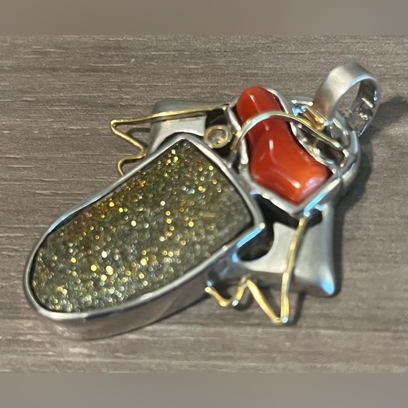 925 Sterling Silver Pendant with Red Coral and Gold Crystal